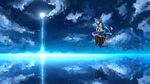  blue_hair cloud dress food fruit full_moon highres hinanawi_tenshi keystone long_hair moon night night_sky peach red_eyes reflection scenery shuizao_(little_child) sitting skirt sky smile solo touhou 