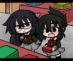  black_eyes black_hair blush bow eyebrows fang folded_ponytail glasses hair_up heart long_hair mikazuki_aoi multiple_girls oono_mayu open_mouth pixiv_azriel red_eyes school_uniform skirt smile table yanagi_(nurikoboshi) 