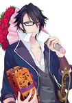  aki_ii black_hair blue_eyes bouquet box collarbone flower fushimi_saruhiko gift glasses highres k_(anime) male_focus open_clothes open_shirt popped_collar shirt solo sword weapon 