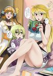  3girls barefoot blonde_hair blush book cholesenel elize_lutus highres legs leia_roland leia_rolando milla_maxwell multiple_girls reading tales_of_(series) tales_of_xillia translation_request 