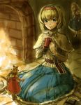 alice_margatroid blonde_hair blue_eyes book capelet cup dress fire fireplace grimoire grimoire_of_alice hairband highres hourai_doll kneeling lips mug shanghai_doll spoon sweater tafuto touhou 