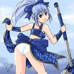  1girl ass blue_hair hammer legs lowres meru_(dragoon) panties ponytail ribbon smile the_legend_of_dragoon underwear wingly wristband 
