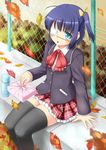  :o ahoge autumn_leaves black_hair black_legwear blazer blue_eyes blush chuunibyou_demo_koi_ga_shitai! cross eyepatch fence frilled_skirt frills highres jacket kochi-goori obentou one_side_up plaid plaid_skirt school_uniform sitting skirt solo takanashi_rikka thermos thighhighs 