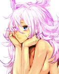  blue_eyes breasts chin_rest long_hair medium_breasts messy_hair nude original pink_hair solo tcb 