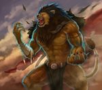  amazing angry anthro aotsuki091 bandage belt biceps big_muscles brown_fur brown_hair claws cloak clothed clothing fangs feline flexing fur glowing glowing_eyes hair half-dressed jewelry lion loincloth male mammal mane muscles open_mouth pecs pose red_eyes roaring sky_(artist) solo standing teeth toned tongue topless vein 