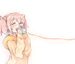  bad_id bad_pixiv_id casual closed_eyes hair_ribbon happy hood hoodie kaname_madoka mahou_shoujo_madoka_magica open_mouth ribbon short_twintails smile solo string_phone twintails yoplait 