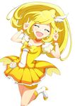  ^_^ bad_id bad_pixiv_id bike_shorts blonde_hair bow choker closed_eyes cure_peace double_v hair_flaps highres kise_yayoi long_hair magical_girl open_mouth ponytail precure shorts shorts_under_skirt simple_background skirt smile_precure! solo umigraphics v white_background yellow yellow_bow yellow_shorts yellow_skirt 