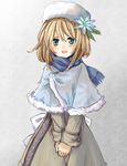  aqua_eyes blonde_hair blue_scarf capelet dress flower grey_dress hair_flower hair_ornament hat long_sleeves looking_at_viewer open_mouth original scarf short_hair smile solo v_arms yuya_(night_lily) 