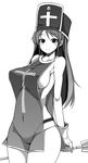  arms_behind_back blush breasts covered_nipples cross dragon_quest dragon_quest_iii greyscale hat highres holding ippongui large_breasts long_hair mitre monochrome naked_tabard panties pointy_ears priest_(dq3) sideboob smile solo staff tabard underwear white_background 