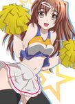  black_legwear brown_eyes brown_hair cheerleader chuunibyou_demo_koi_ga_shitai! gakky hair_ornament hairclip long_hair navel nibutani_shinka pom_poms side_ponytail skirt solo thighhighs 