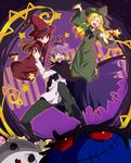  2girls adapted_costume bad_id bad_pixiv_id blonde_hair brown_hair cape doll doll_(ib) dress flower garry_(ib) hair_over_one_eye halloween hat ib ib_(ib) mary_(ib) multiple_girls nauchi open_mouth purple_hair red_eyes red_flower red_rose rose smile star wand witch_hat yellow_flower yellow_rose 