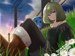  bare_shoulders beniyosweet009 black_legwear blue_eyes boots breasts cleavage flower fringe_trim grass green_hair ground_vehicle idolmaster idolmaster_cinderella_girls legwear_under_shorts pantyhose shorts small_breasts smile solo sunset takagaki_kaede train 