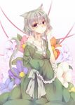  animal_ears bad_id bad_pixiv_id bare_shoulders brown_eyes cat_ears cat_tail collarbone flower highres kemonomimi_mode looking_at_viewer miiko_(somnolent) off_shoulder ribbon short_hair silver_hair soga_no_tojiko solo tail touhou 