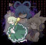  blue_eyes blue_hair brown_hair closed_eyes dress earmuffs evil_smile green_dress green_eyes green_hair hair_ornament hair_rings hair_stick hat kaku_seiga manaka_(pdx) multiple_girls ofuda siddham smile soga_no_tojiko sword tate_eboshi touhou toyosatomimi_no_miko weapon 