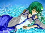  bad_id bad_pixiv_id bare_shoulders breasts cleavage detached_sleeves frog_hair_ornament green_eyes green_hair hair_ornament hair_tubes harumaki-0327 kochiya_sanae long_hair lying medium_breasts on_side partially_submerged skirt snake solo touhou water 