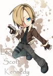  blonde_hair blue_eyes bomber_jacket cargo_pants character_name chibi fingerless_gloves fur_trim gloves gun hair_over_one_eye handgun jacket leon_s_kennedy male_focus monoc_(riho) pants pistol resident_evil resident_evil_4 solo thigh_strap weapon 