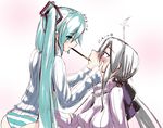  2girls ahoge aqua_eyes aqua_hair ass blush dangan_neko dated drill_hair food hair_ribbon hands_on_another's_cheeks hands_on_another's_face hatsune_miku long_hair multiple_girls panties pocky pocky_day pocky_kiss ponytail red_eyes ribbed_sweater ribbon shared_food silver_hair smile striped striped_panties sweater translated twin_drills twintails underwear very_long_hair vocaloid voyakiloid yowane_haku yuri 