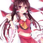  :d ascot bad_id bad_pixiv_id bare_shoulders blush brown_hair detached_sleeves hair_tubes hakurei_reimu long_hair mikazuki_sara open_mouth red_eyes ribbon skirt smile solo touhou 