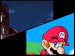  blue_eyes building buildings cap cloud clouds daylight facial_hair grass ground hat male male_focus mario mario_(series) mustache night nintendo outdoors outside solo split_screen star super_mario_bros. suspenders 