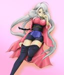  1girl blush boranchi japanese_clothes large_breasts legs pantyhose solo spellbreaker_of_the_ice_barrier undressing white_hair yu-gi-oh! 