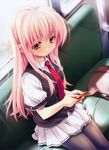  absurdres cellphone highres long_hair miyama-zero necktie pantyhose phone pink_hair skirt smile train train_interior yellow_eyes 