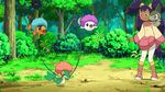  1girl afro animated animated_gif axew blue_hair dark_skin forest iris_(pokemon) long_hair lowres nature oshawott pink_hair pokemon purple_hair snivy surprised tepig tree wig 