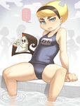  1girl bad_id bad_pixiv_id blonde_hair blue_eyes cartoon_network death_(entity) flat_chest hairband lips mandy maou_alba one-piece_swimsuit pool poolside school_swimsuit short_hair spiked_hair spread_legs sweatdrop swimsuit the_grim_adventures_of_billy_&amp;_mandy 