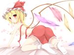  aibumi all_fours ass bad_id bad_pixiv_id bent_over blonde_hair blush bobby_socks bow censored convenient_censoring flandre_scarlet floral_background flower hat hat_ribbon looking_back paw_pose red_eyes ribbon short_hair side_ponytail skirt socks solo topless touhou white_legwear wings 
