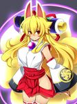  ahoge animal_ears blonde_hair breasts detached_sleeves fox_ears fox_tail izuna_(shinrabanshou) katami_shinta large_breasts long_hair multiple_tails red_eyes scroll shinrabanshou smile solo tail thighhighs white_legwear 