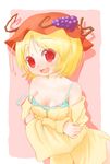  :d aki_minoriko arinu blonde_hair blue_bra blush bra breasts cleavage collarbone commentary_request food fruit grapes hat medium_breasts open_mouth red_eyes short_hair smile solo strap_slip touhou underwear 