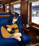  animal_ears black_hair brown_eyes cat_ears guitar highres hirondo instrument k-on! long_hair nakano_azusa sakuragaoka_high_school_uniform school_uniform solo train_interior twintails 