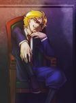  bad_id bad_pixiv_id blonde_hair boots chair dio_brando evil_grin evil_smile formal grin jojo_no_kimyou_na_bouken luli male_focus necktie red_eyes smile solo suit younger 