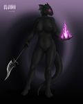  4_toes big_breasts black_scales breasts claws female fire frills glowing glowing_eyes invalid_tag lizard magic netherwulf nipples nude olonia plain_background polearm reptile scalie solo standing warrior weapon 