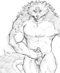  anthro balls biceps black_and_white canine chest_tuft erection fluffy_tail fur leaking male mammal masturbation monochrome muscles necklace nude pecs penis pose precum sketch solo standing tuft unknown_arrtist unknown_artist wolf 