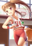  :d basketball basketball_hoop basketball_uniform bike_shorts brown_hair clothes_writing endou_hiroto flat_chest highres long_hair midriff navel open_mouth original red_eyes revision seienten_ayaka smile solo sportswear twintails 
