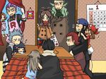  6+boys akagi_(pokemon) aogiri_(pokemon) apron bad_id bad_pixiv_id blue_(pokemon) geechisu_(pokemon) haruka_(pokemon) highres hikari_(pokemon) kotatsu kotone_(pokemon) lambda_(pokemon) matsubusa_(pokemon) multiple_boys multiple_girls pokemon pokemon_(game) pokemon_bw pokemon_dppt pokemon_frlg pokemon_hgss pokemon_rse sakaki_(pokemon) scarf table team_aqua team_galactic team_magma team_plasma team_rocket touko_(pokemon) 