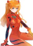 arm_at_side arm_support bad_id bad_pixiv_id bangs blue_eyes blush bodysuit bracer breasts closed_mouth fly_(marguerite) from_side gloves hair_between_eyes hand_on_own_thigh headgear light_smile long_hair looking_at_viewer neon_genesis_evangelion number orange_hair pilot_suit plugsuit red_bodysuit sitting slender_waist small_breasts smile solo souryuu_asuka_langley spread_legs turtleneck two_side_up wariza white_background 