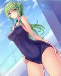  bare_shoulders blue_eyes blush breasts cloud day frog_hair_ornament green_hair hair_ornament hair_tubes kochiya_sanae long_hair medium_breasts name_tag one-piece_swimsuit ponytail school_swimsuit sky solo sunlight swimsuit touhou walzrj 