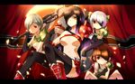  4girls alcohol armor boots bottle breasts brown_hair curtains eyepatch gray_hair grey_hair gundam gundam_08th_ms_team hair_over_one_eye letterbox letterboxed looking_at_viewer mecha_musume multiple_girls red_eyes short_hair sitting skirt smile thighhighs vlan weapon wine 