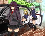  bad_id bad_pixiv_id black_legwear blonde_hair blue_eyes breasts car closed_eyes drill_hair ground_vehicle gun h&amp;k_mp5 hairband harumaki-0327 heckler_&amp;_koch highres holding_hand holding_hands long_hair medium_breasts motor_vehicle multiple_girls necktie open_mouth original purple_eyes purple_hair rolls-royce school_uniform short_hair silver_hair skirt smile socks submachine_gun sweater thighhighs twin_drills twintails weapon zettai_ryouiki 