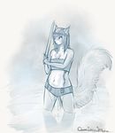  body_markings breasts chest_tuft cleavage clothed clothing cute female fur headband long_tail mammal markings oonami reflection rodent sketch small_breasts solo squirrel sword timid tuft water weapon 