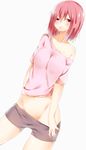  bad_id bad_pixiv_id bare_shoulders blush highres kurean navel open_mouth original pink_eyes pink_hair short_hair short_shorts shorts simple_background solo white_background 