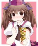  blush bow brown_eyes brown_hair cellphone cellphone_charm checkered checkered_skirt commentary_request hair_bow hammer_(sunset_beach) hat himekaidou_hatate long_hair necktie phone simple_background skirt solo tokin_hat touhou twintails 