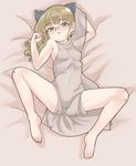  :o animal_ears barefoot bed_sheet blush breasts brown_eyes brown_hair cat_ears feet from_above glasses looking_at_viewer lying medium_breasts on_back parted_lips perrine_h_clostermann solo spread_legs strike_witches toes tomo_(f2000) world_witches_series 