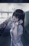  black_eyes black_hair h_kasei highres long_hair looking_at_viewer original rain shirt solo water wet wet_clothes wet_hair wet_shirt white_shirt 