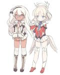  2girls angel bangs black_hairband blade_(galaxist) blonde_hair blue_eyes boots closed_mouth dark_skin eyebrows_visible_through_hair feathered_wings glasses hairband halo hand_up jacket knee_boots long_hair long_sleeves low_wings lucifer_(pop-up_story) meriel_(pop-up_story) multiple_girls over-kneehighs pink_eyes pleated_skirt pointy_ears pop-up_story red_jacket school_uniform short_hair simple_background skirt sleeves_past_wrists st._feles_gakuen_uniform standing thighhighs very_long_hair what_if white_background white_footwear white_hair white_jacket white_legwear white_skirt white_wings wings 