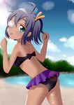  ahoge ass bad_id bad_pixiv_id bikini black_hair body_writing chuunibyou_demo_koi_ga_shitai! eyepatch from_behind green_eyes looking_back nekota_susumu short_hair side_ponytail solo sun_tattoo swimsuit takanashi_rikka tan tanline tongue tongue_out 