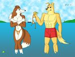  anthro bikini_bottom bikini_bottoms bikini_top breasts canine cleavage cleave clothed clothing colleen crossed_arms dog female golden_retriever hunter hunter_(road_rovers) labrador male mammal muscles road_rovers rough_collie sea strikersa swimsuit tennis_ball water 