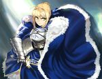  ahoge armor armored_dress artoria_pendragon_(all) blonde_hair blue_cape cape drawing_sword dress excalibur fate/stay_night fate/zero fate_(series) fur_trim gauntlets green_eyes hair_ribbon juliet_sleeves long_sleeves puffy_sleeves ribbon rushi_(bloodc) saber solo sword weapon 