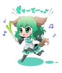  :d animal_ears arinu black_legwear blush_stickers cosplay detached_sleeves green_eyes green_hair hatsune_miku hatsune_miku_(cosplay) heart_sutra holding kasodani_kyouko leg_up musical_note necktie open_mouth short_hair skirt smile solo spring_onion tail thighhighs touhou translated vocaloid 